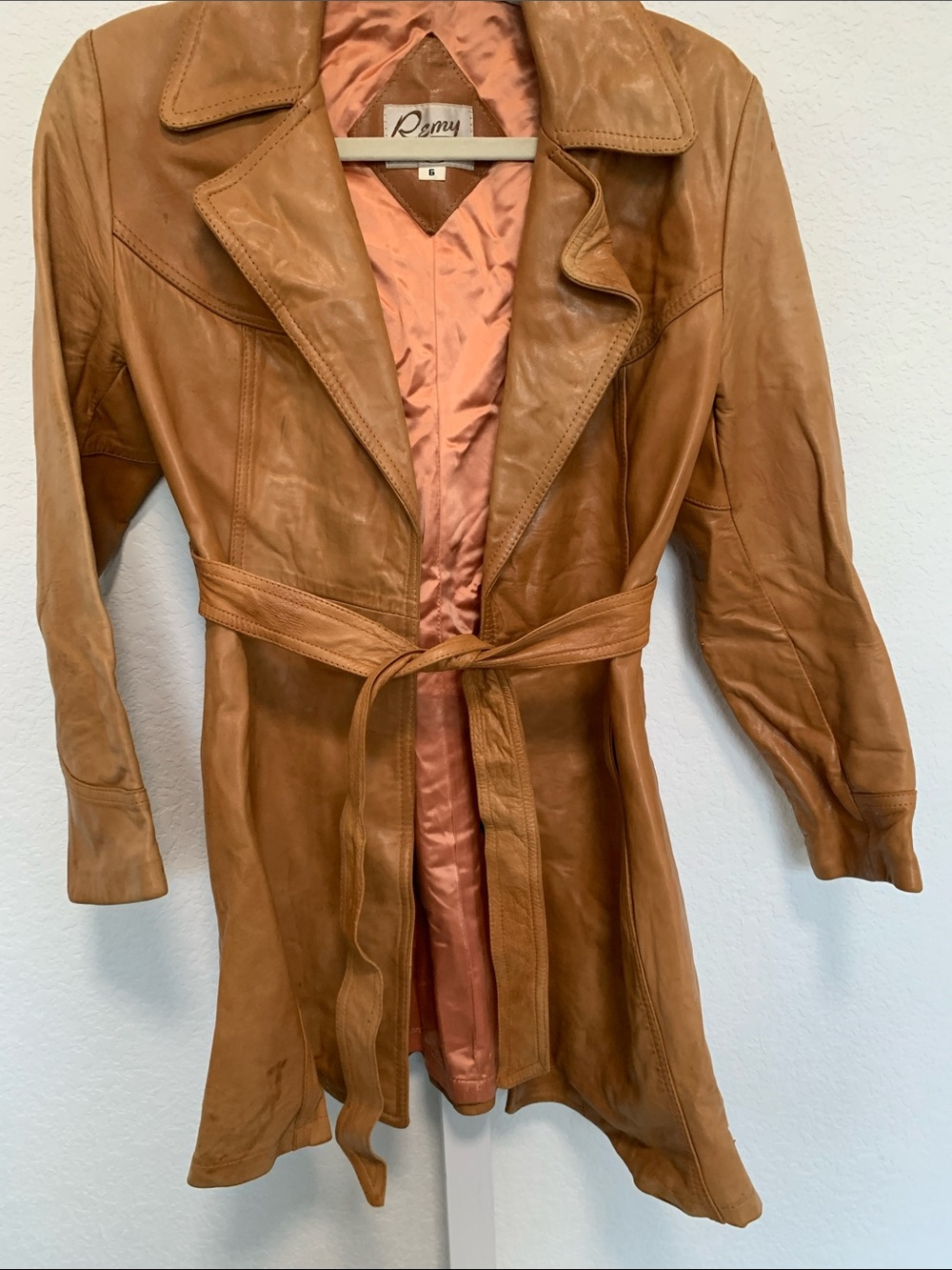 Remy Leather Tan Belted Leather Trench Coat - Picture 4 of 8